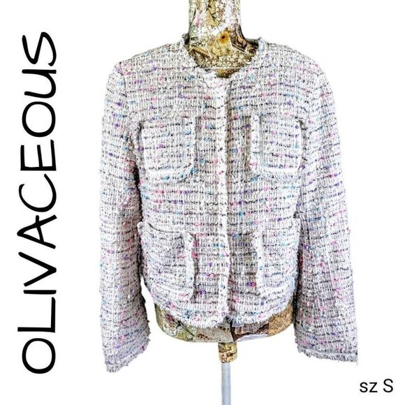 Olivaceous Bumpy Textured Colorful Silver Glittery Frayed Edge Cropped Jacket - Picture 1 of 10
